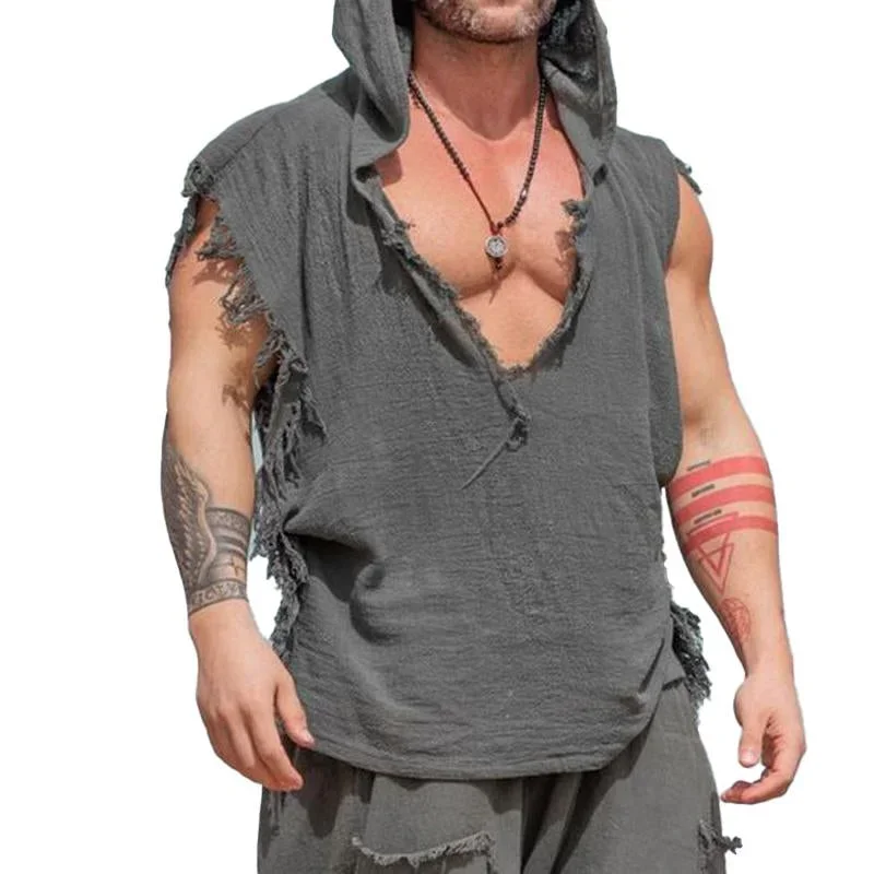 Men's Casual Solid Color Cotton And Linen V-Neck Hooded Tank Top 85942567Y