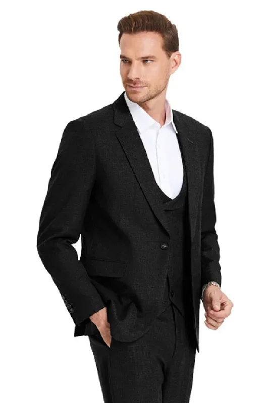 Men's One Button Double Breasted Vest Slim Fit Sharkskin Wedding Suit In Black