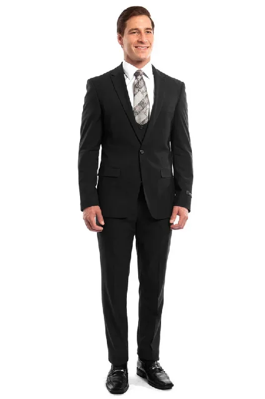 Men's One Button Peak Lapel Skinny Wedding  Prom Suit with Lowcut Vest in Black