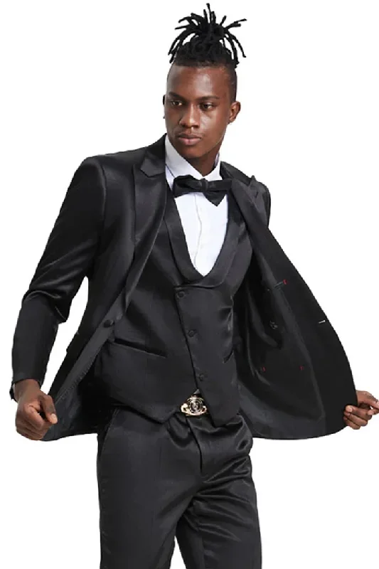 Men's One Button Vested Shiny Satin Sharkskin Prom & Wedding Party Suit In Black