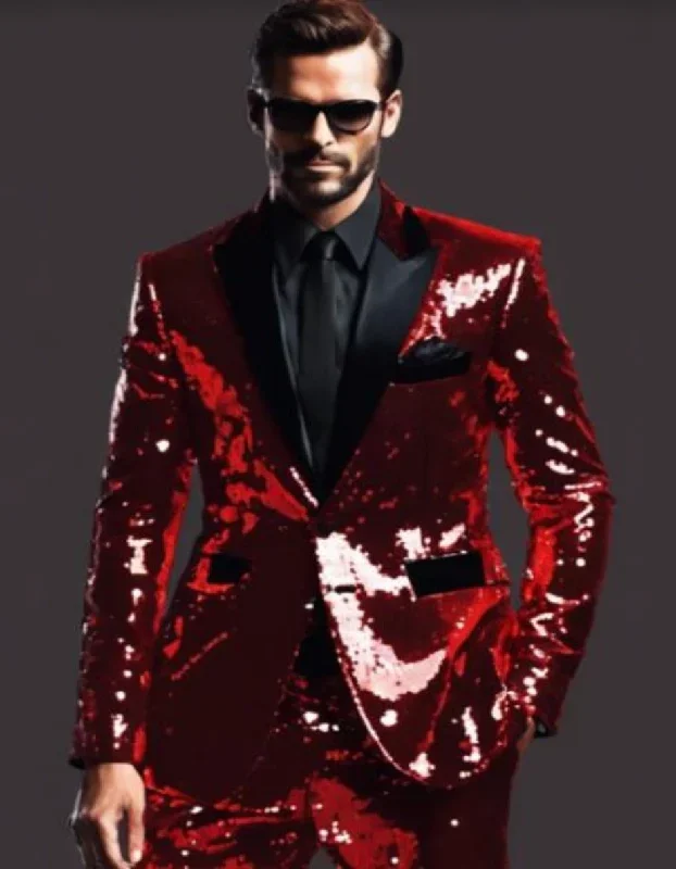 Mens Sequin Suit - Red Tuxedo - Party Suits - Stage Suit