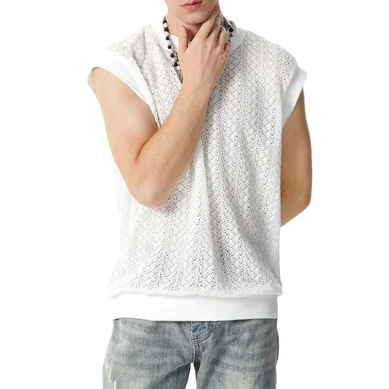 Men's Solid Loose Knitted Round Neck Sleeveless Tank Top 41335852Z