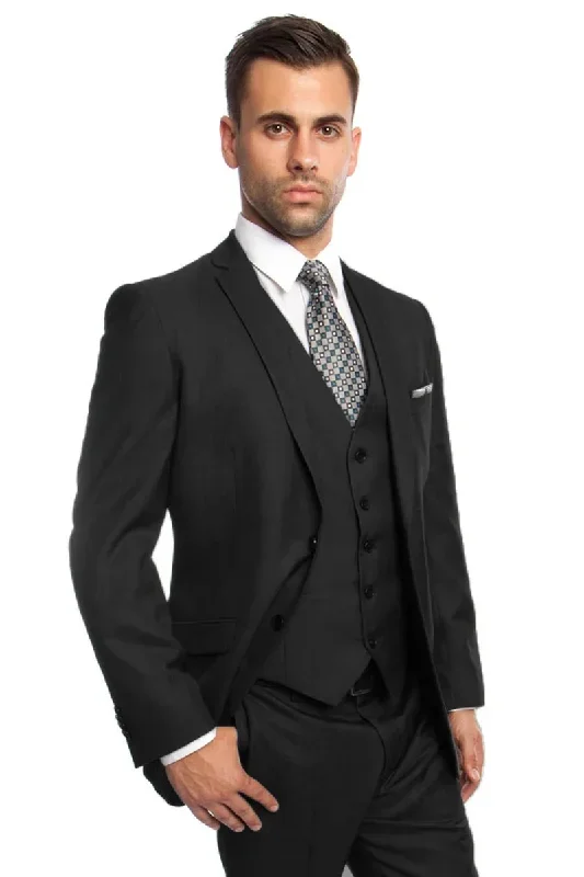 Men's Two Button Vested Business Sharkskin Suit in Black