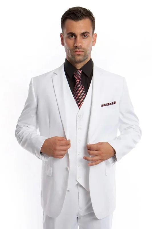 Men's Vested Two Button Solid Color Wedding  Business Suit in White