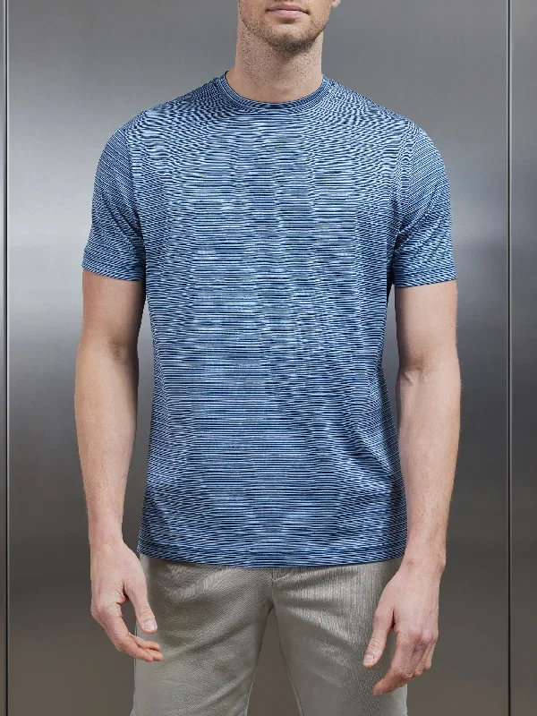 Mercerised Cotton Space Dye Striped T-Shirt in Navy