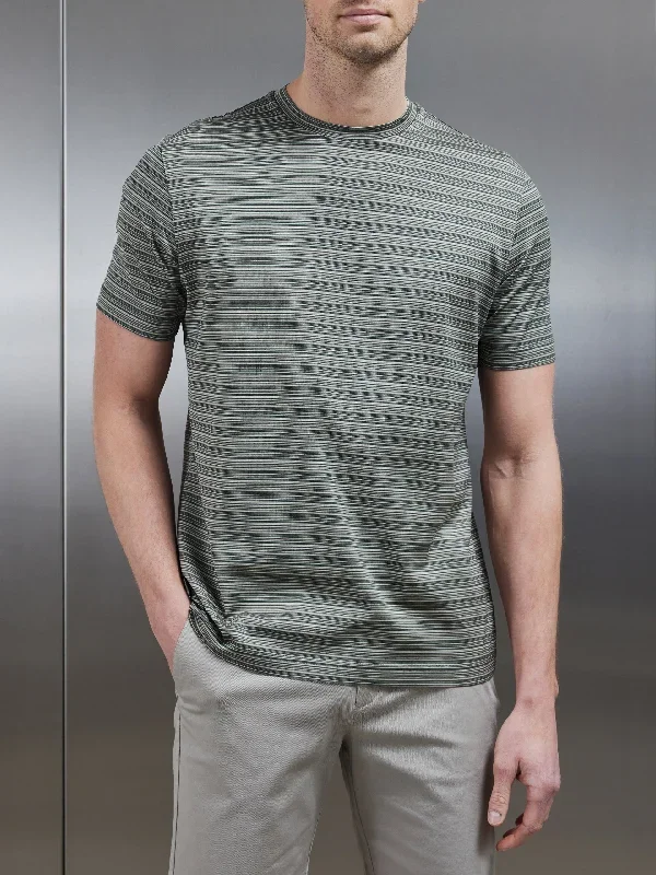 Mercerised Cotton Space Dye Striped T-Shirt in Olive