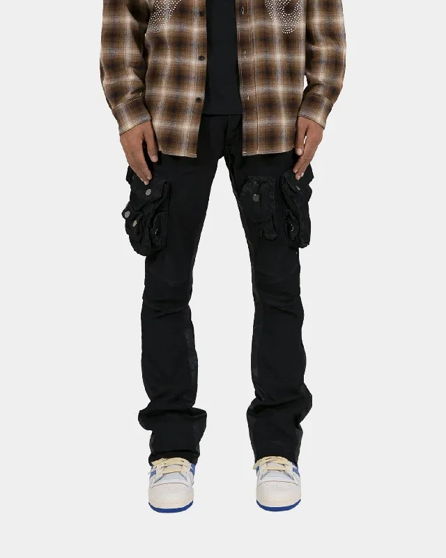 MNML B357 Waxed Cargo Flare Denim Jeans Black