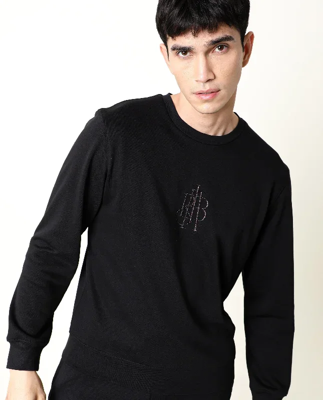 Rare Rabbit Men's Neor Black Cotton Polyester Fabric Full Sleeves Embroidered Branding Sweatshirt