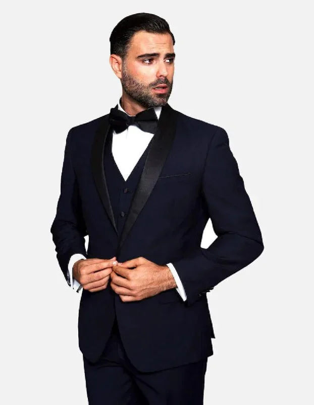 Statement Men's Navy with Black Lapel Vested 100% Wool Tuxedo